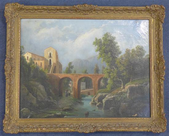 Manner of Gaspard Dughet Landscapes with figures and classical buildings, 15 x 20in.